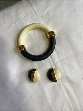 Givenchy Two-Tone Black and Ivory Bangle with Matching Clip on Earrings